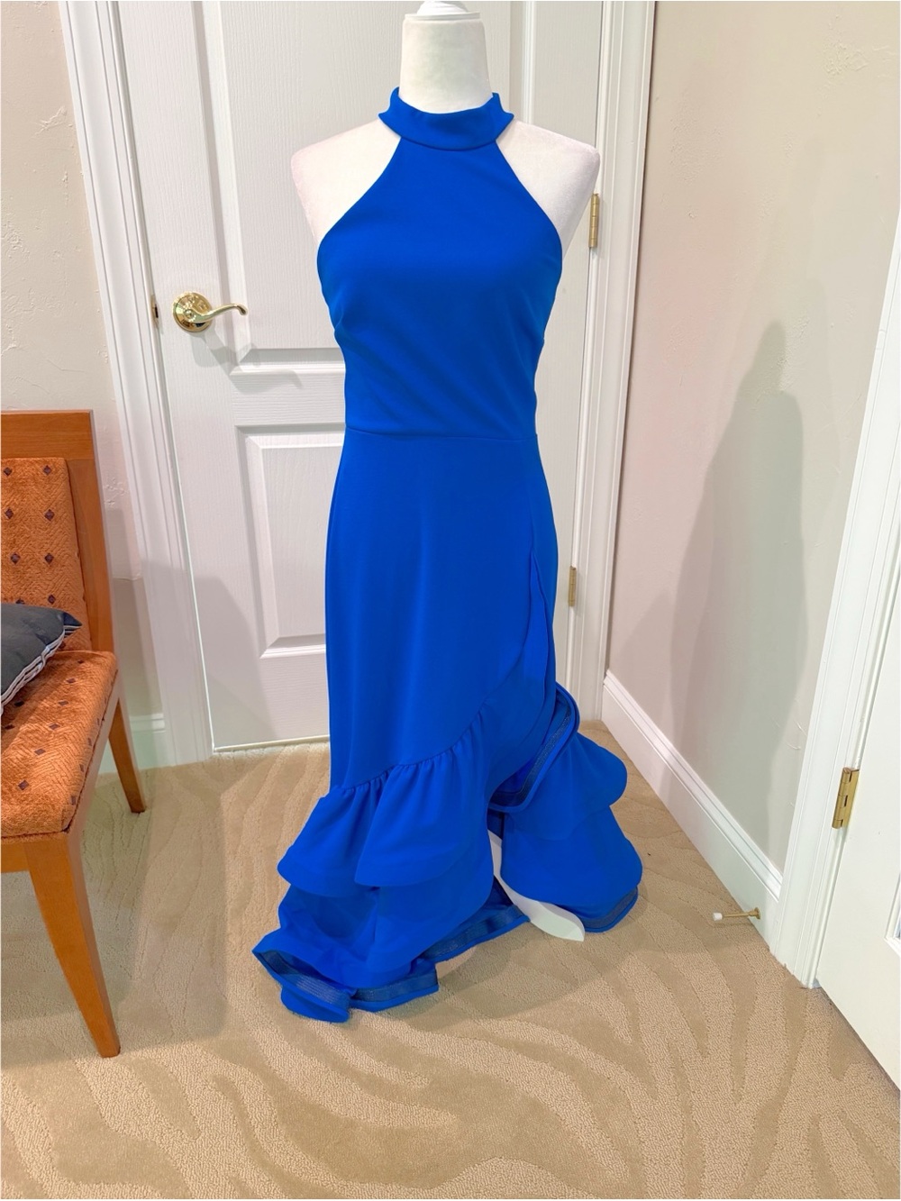 NWT Betsy Adam Halter Neck Ruffle Scuba Crepe Gown